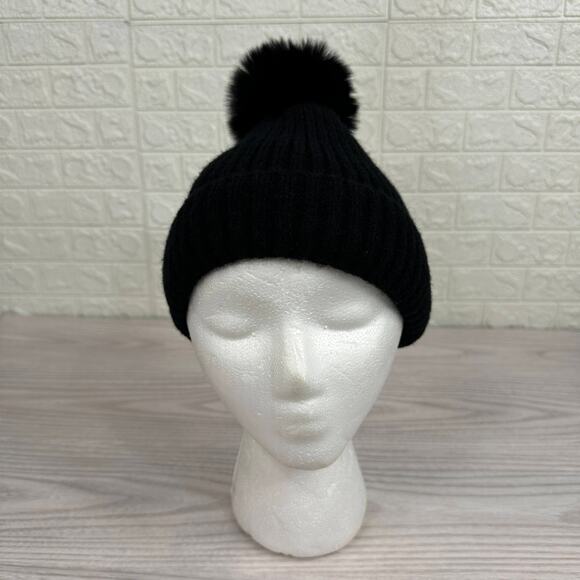 Hat Attack Acrylic Pom Pom Winter Beanie Hat Faux Fur Lined Ribbed Knit Black - Picture 1 of 11